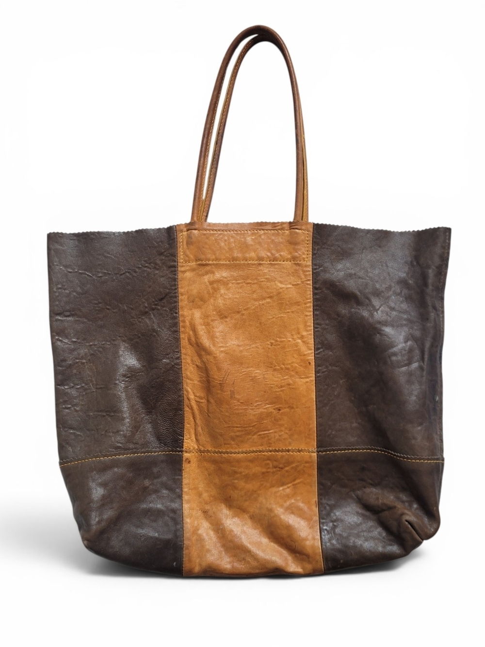 Large Leather Tote Two-Tone Shopper Bag   Brown and Tan